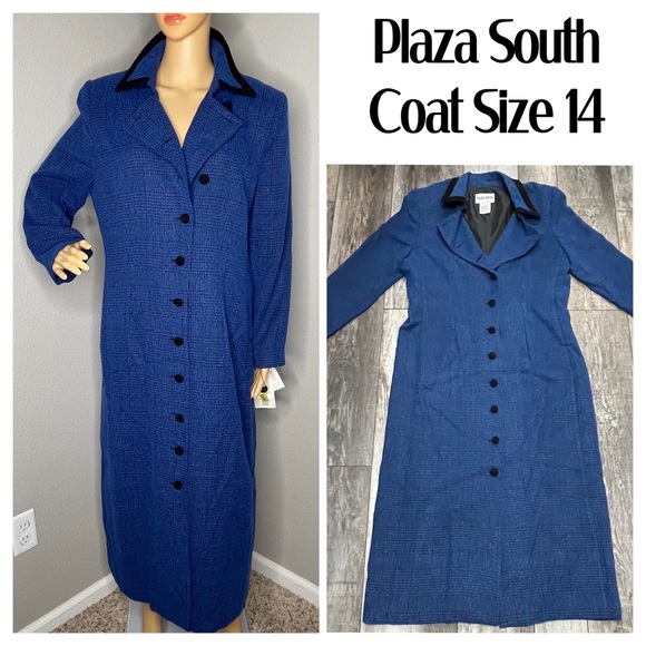 Plaza South Jackets & Blazers - NWT Plaza South Blue Long Buttoned Coat With Black Trim Collar Size 14